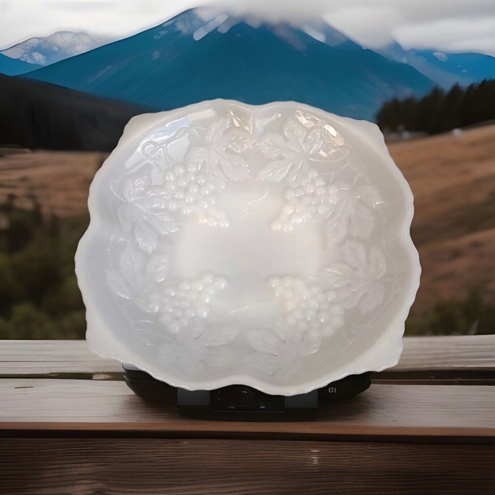 Anchor Hocking White Milk Glass Bowl Dish Grape Pattern 10"