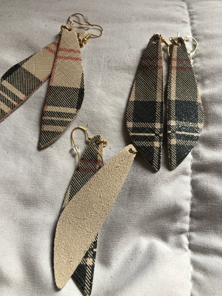 Handmade Leather Earring (Red Plaid, Silver Hook)