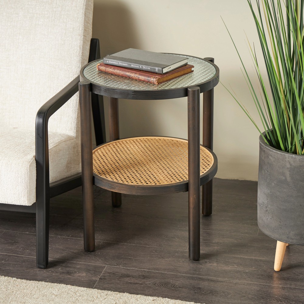 Brown Rattan Accent Table with Pressed Tempered Glass Top