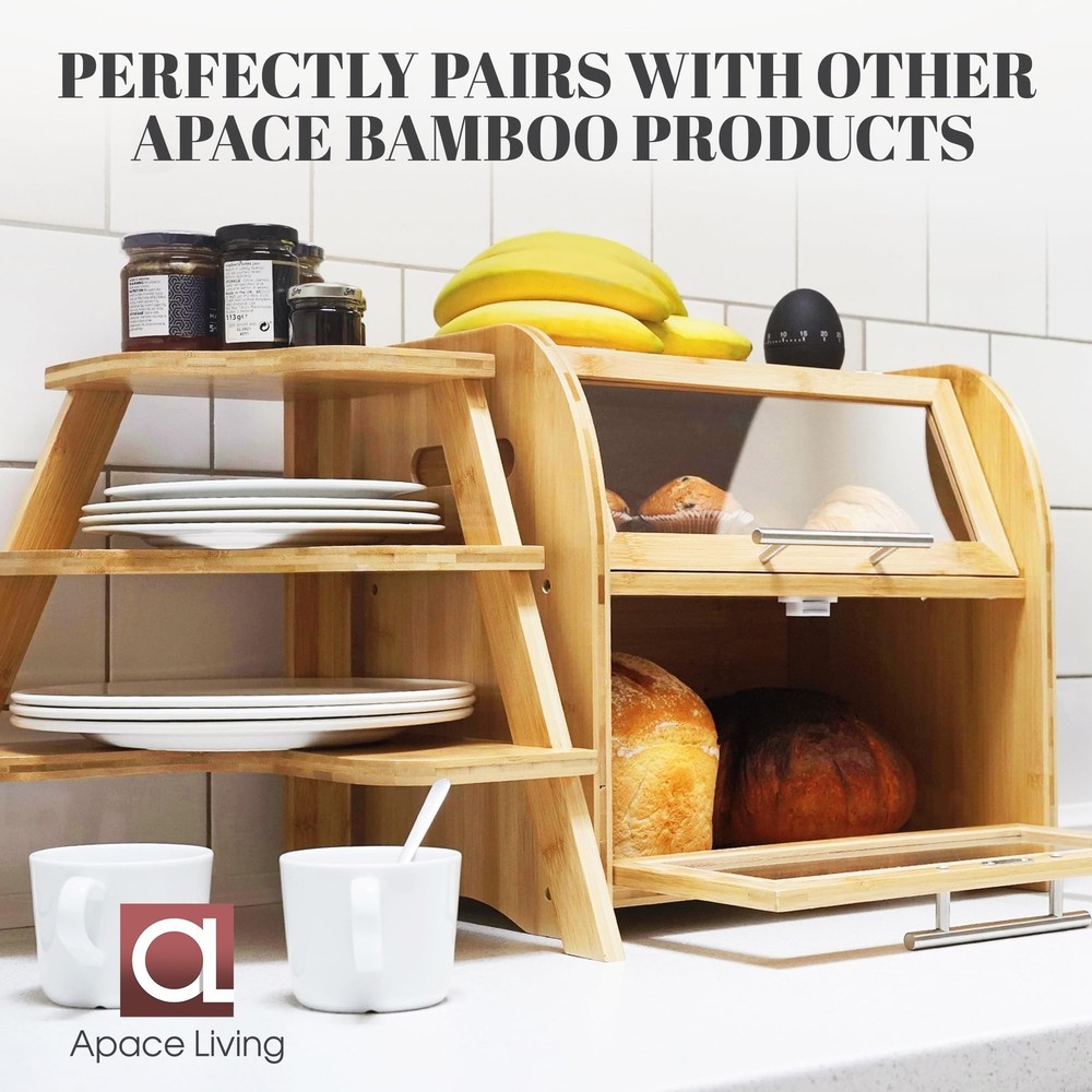 Arise Stylish Bamboo Bread Box for Kitchen Countertop, Extra Large 2-Shelf Wo...