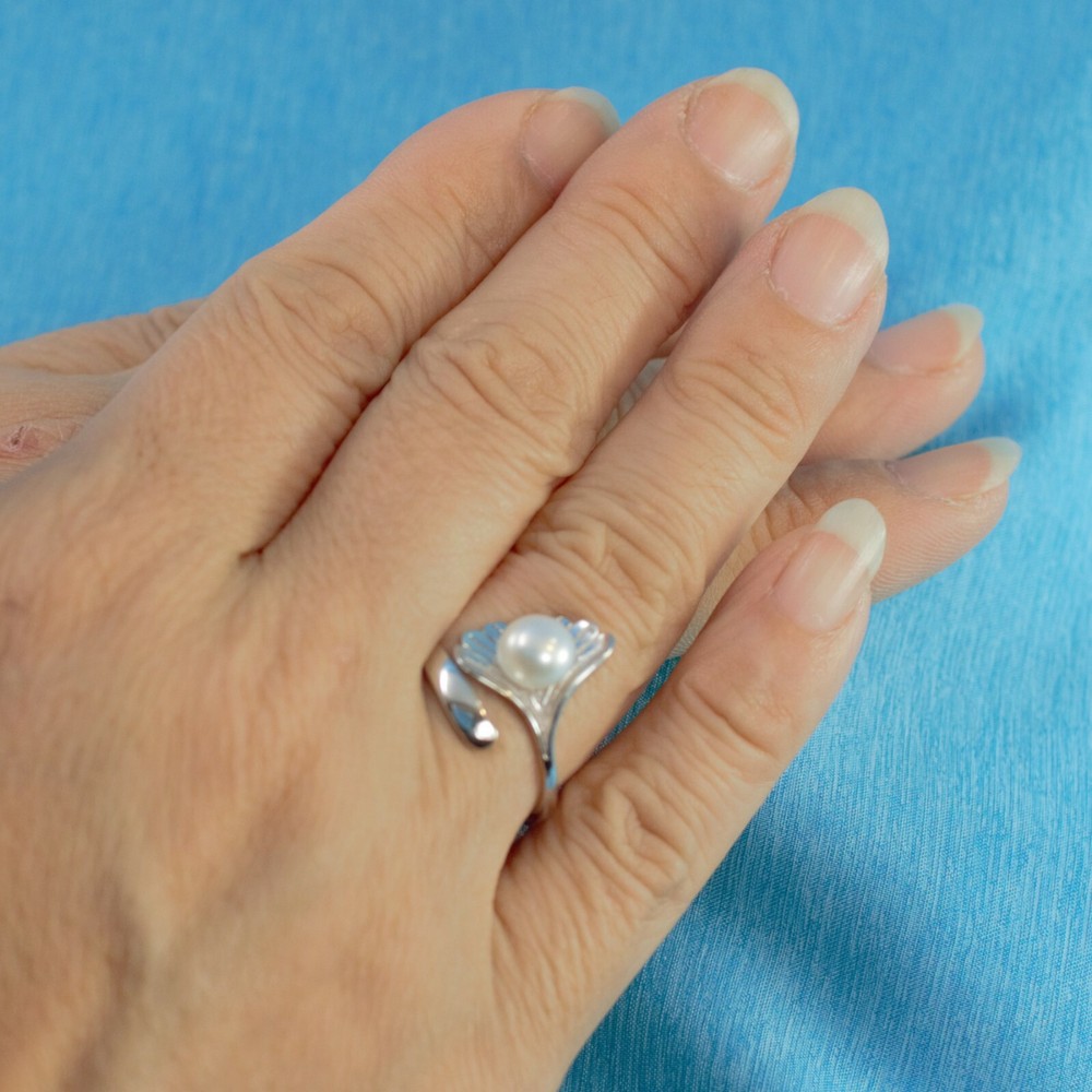Solid Sterling Silver .925 White Pearl Ring Shell Style Adjustable Ring Size TP