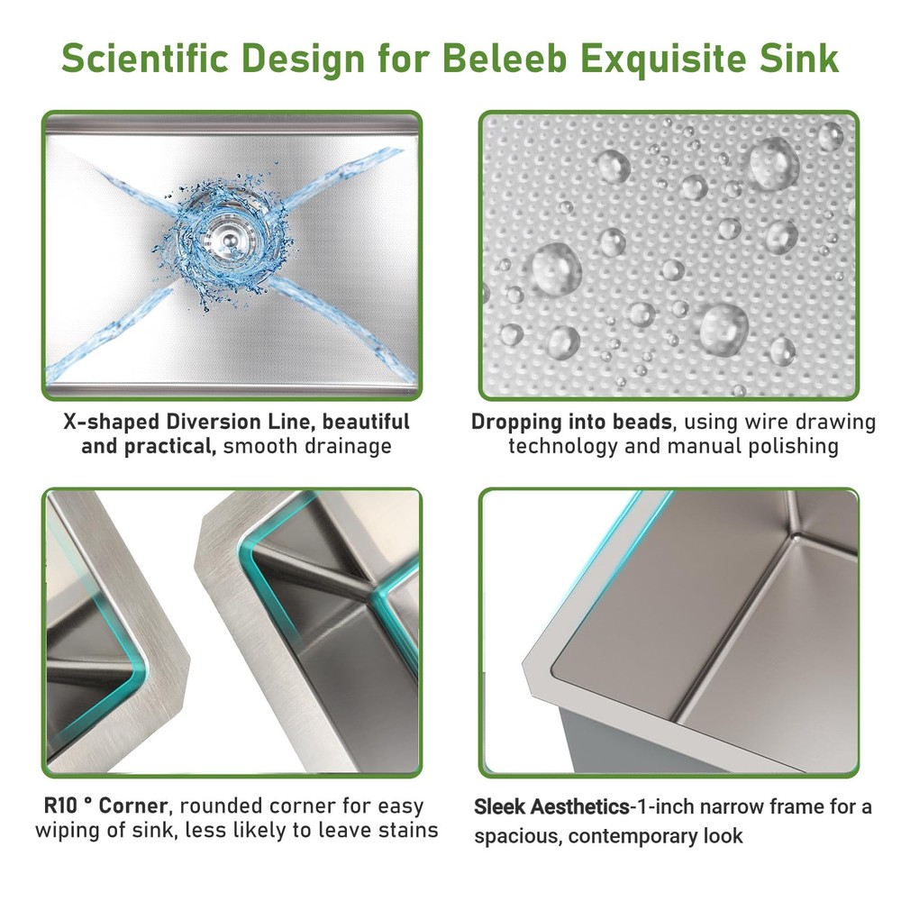 Beleeb Undermount Kitchen Sink 20"x16", 9" Basin Depth, 3D Embossed