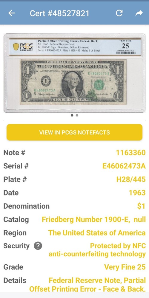 1963 $1 FRN Richmond Partial Offset Printing Error - Face & Back PCGS 25 VF