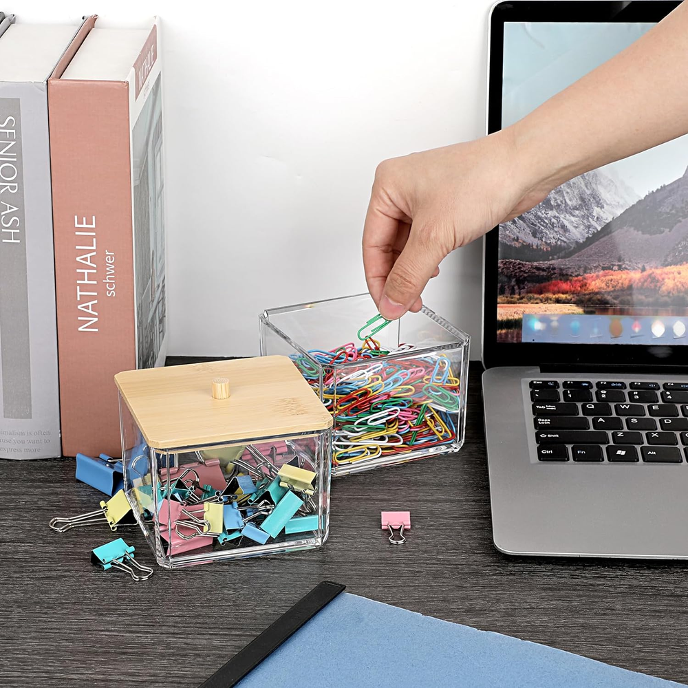Clear Stackable Paper Clip Holder with Bamboo Lid 2-Layer Paperclip Box Thick Ac