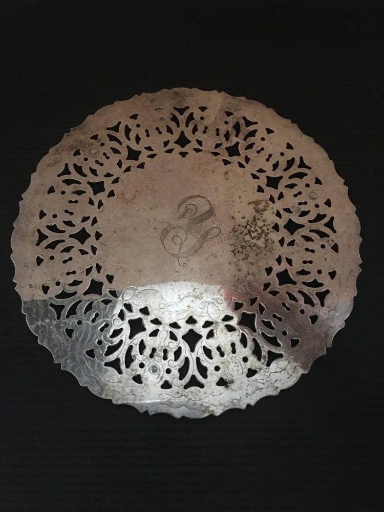 Vintage 70s WA Italy Silver Plate Monogrammed Pierced Metal Trivet Footed 7.5"D