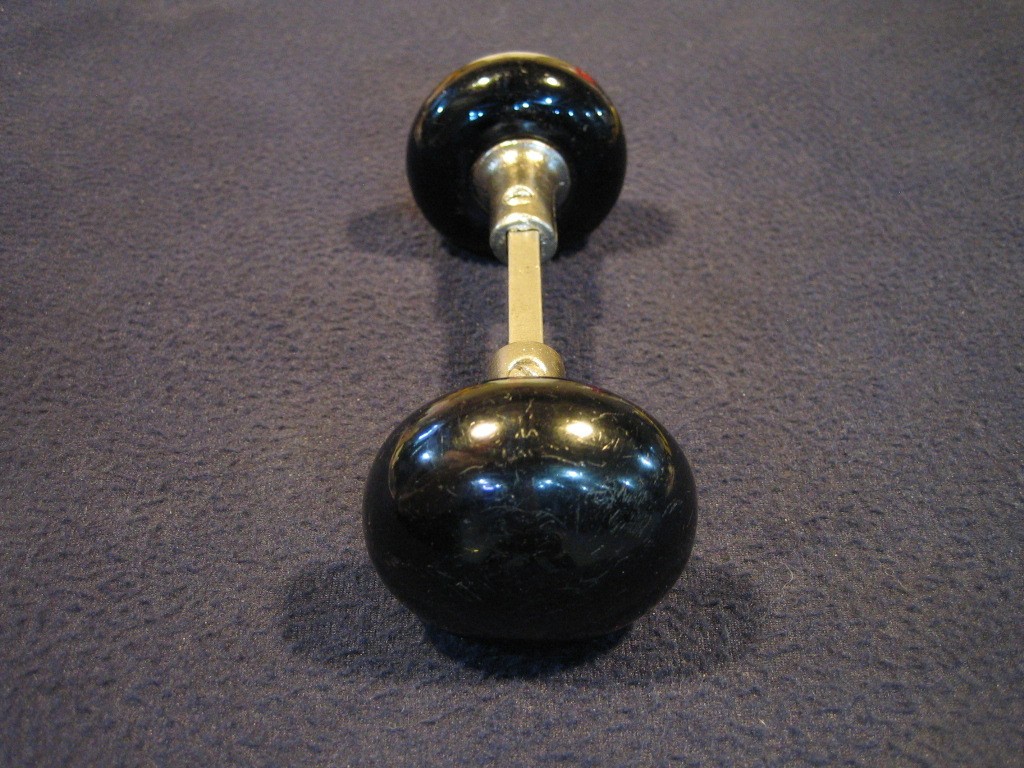 Nice Pair Antique Victorian Jet Black Porcelain Door Knobs 5/8 Shanks - 1890's