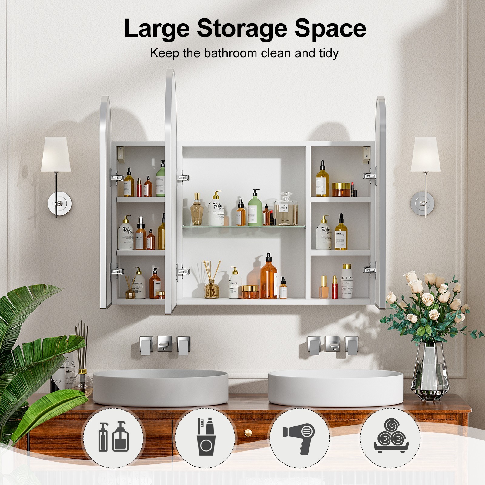 Triple Arch Medicine Cabinet 3 Doors Bathroom Mirror Cabinet with Trifold Mirror