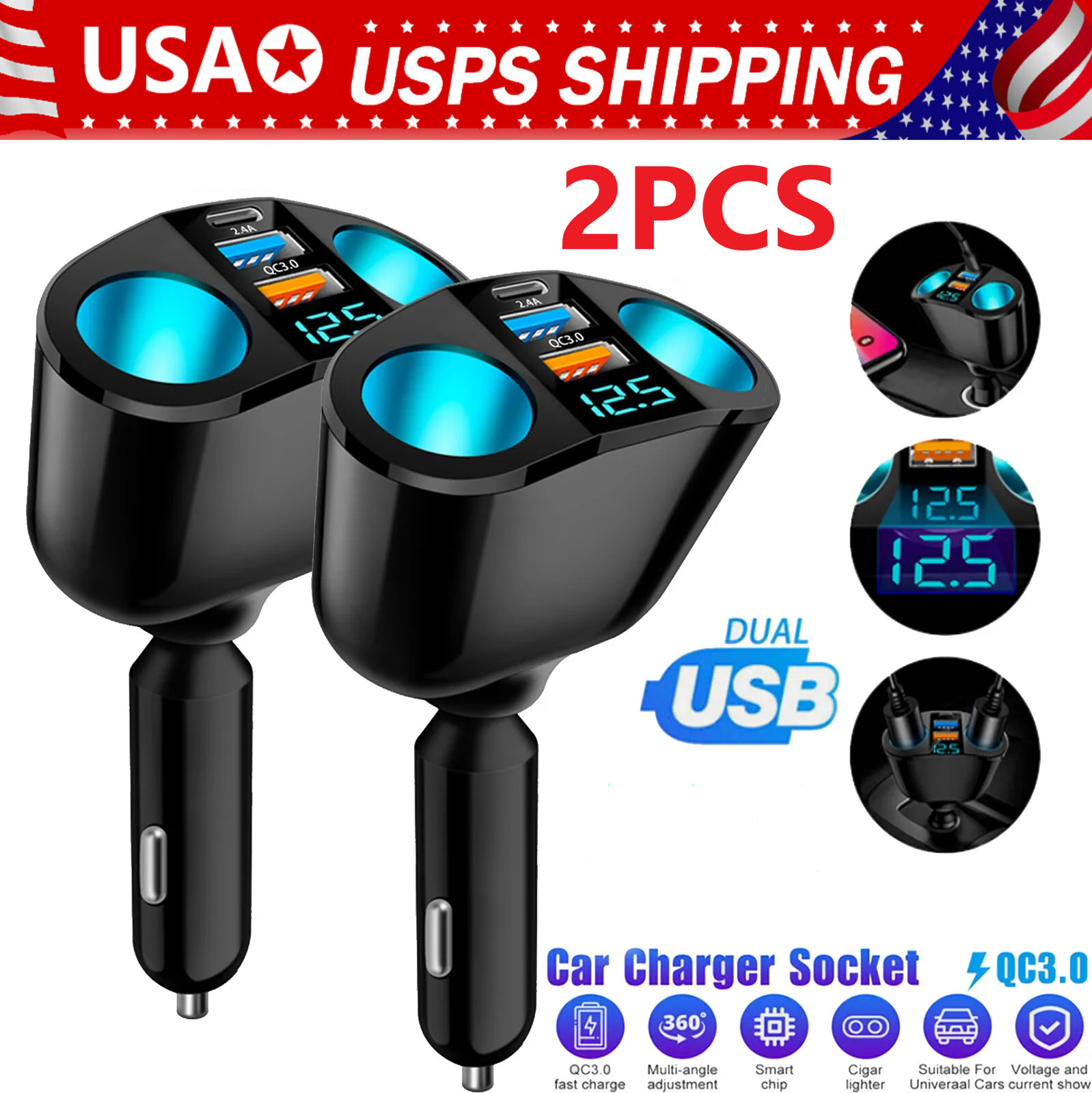 Outlet 12V Dual USB Car Cigarette Lighter Socket Splitter Power Adapter Charger