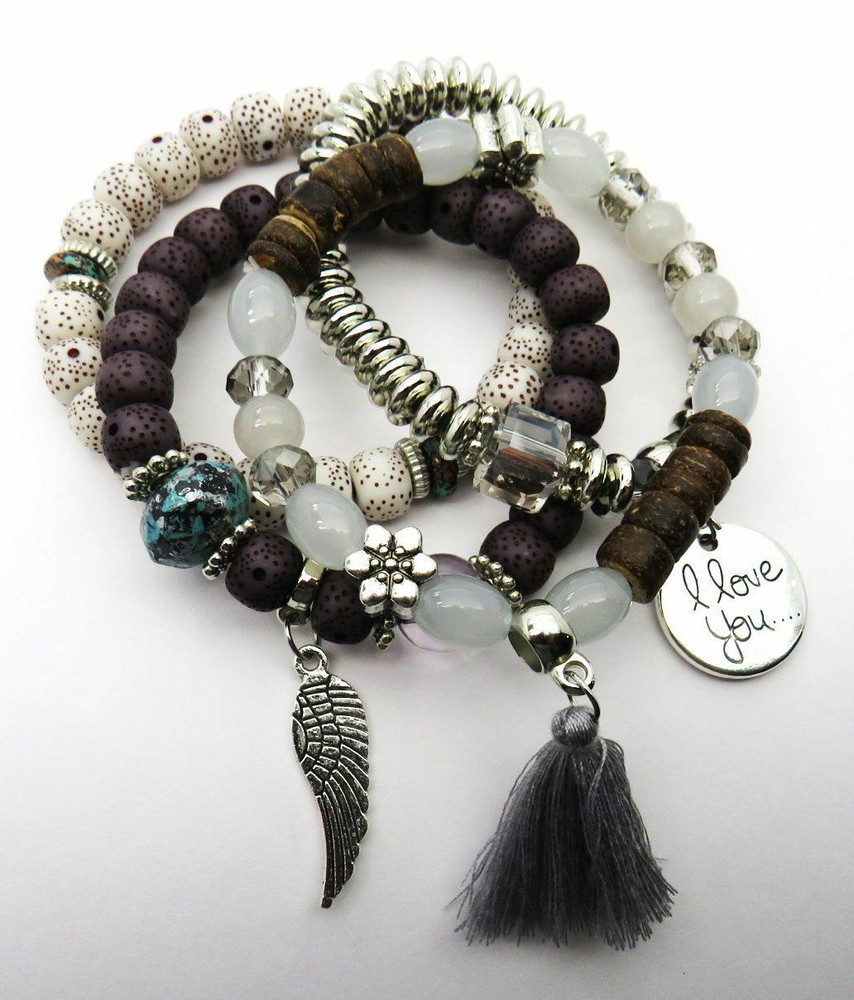 Tassel Love Bracelet Set, 4pc, Grey