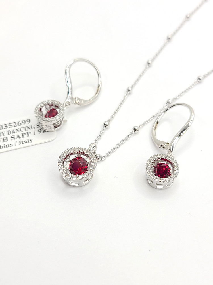 Round Cut Lab Ruby Gemstone Dancing Pendant & Earring Set in Sterling Silver
