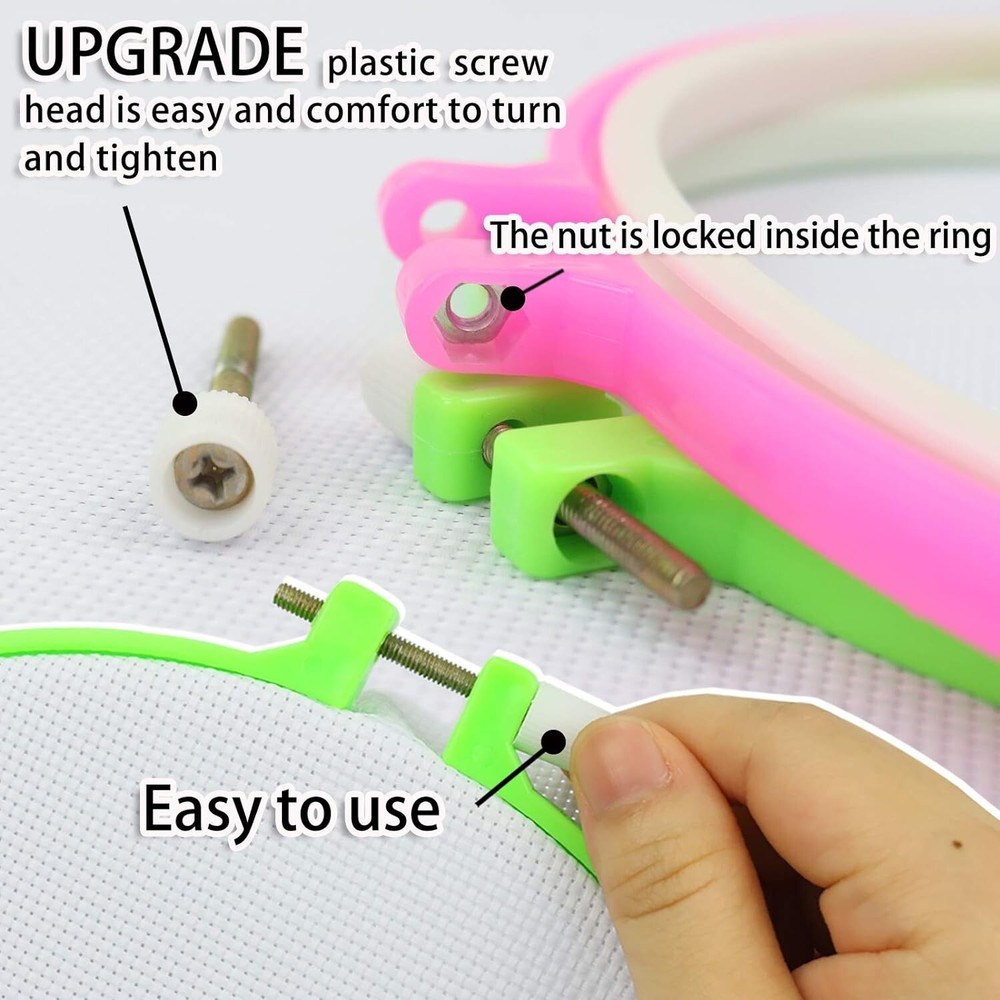 Adjustable Plastic Embroidery Hoop Set - 6 Multicolor Sizes for Easy Crafting
