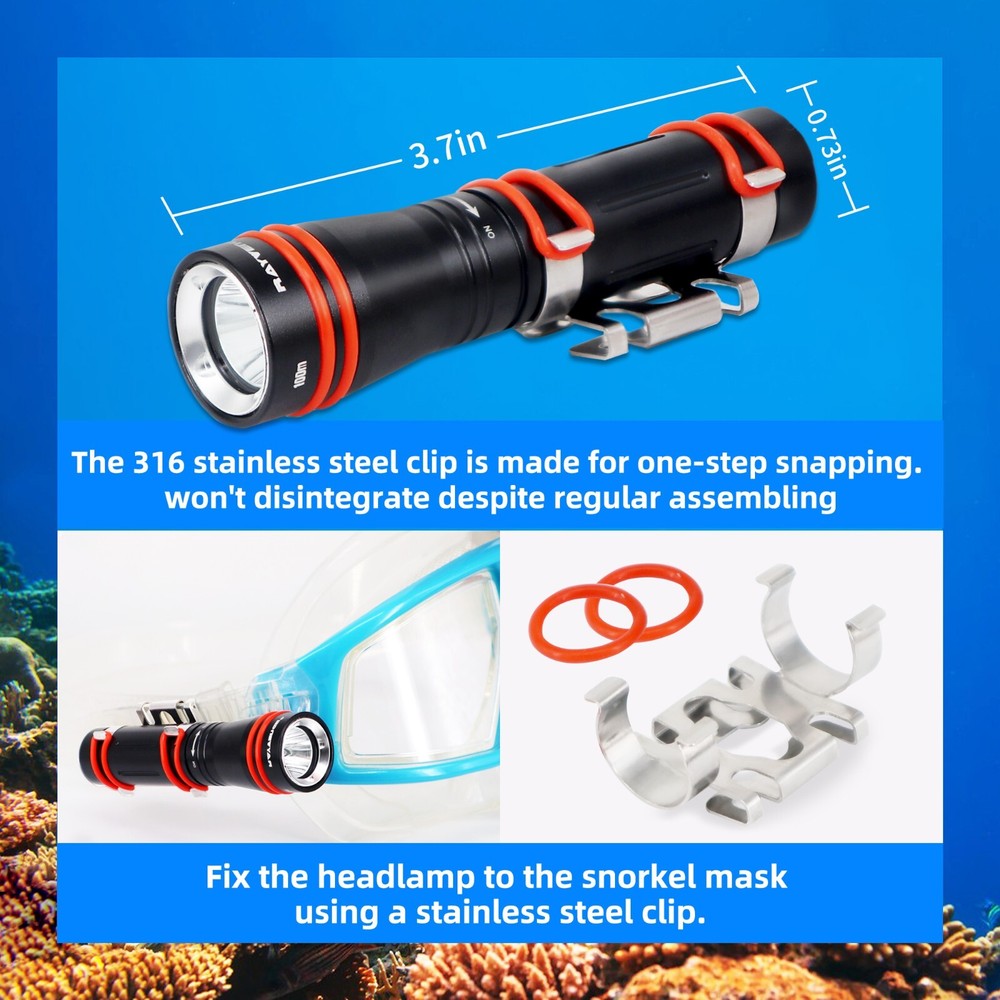 D2A Diving Flashlight Mini Scuba Dive Headlamp Underwater 100M Backup