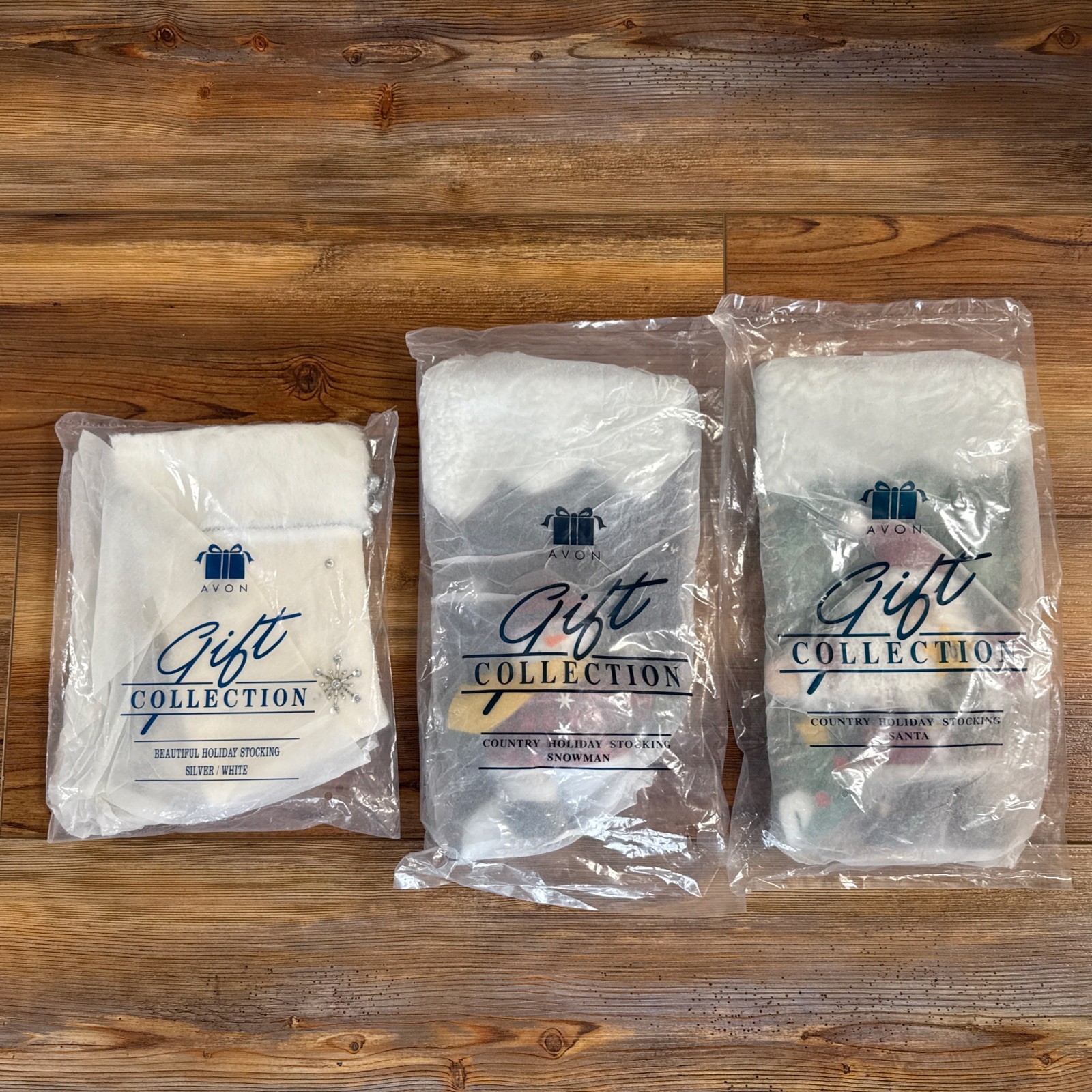 3 Lot Avon Country Holiday Christmas Stocking Snowman Santa Silver White