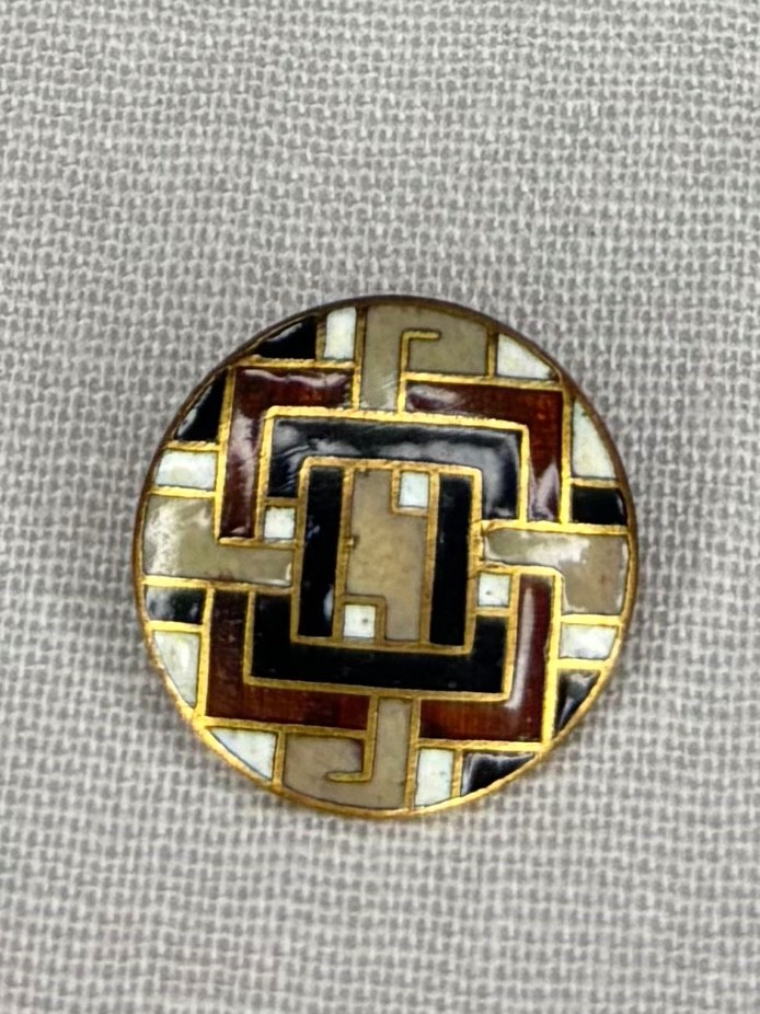 Antique Champleve Enamel Button with Geometric Design - 9/16”
