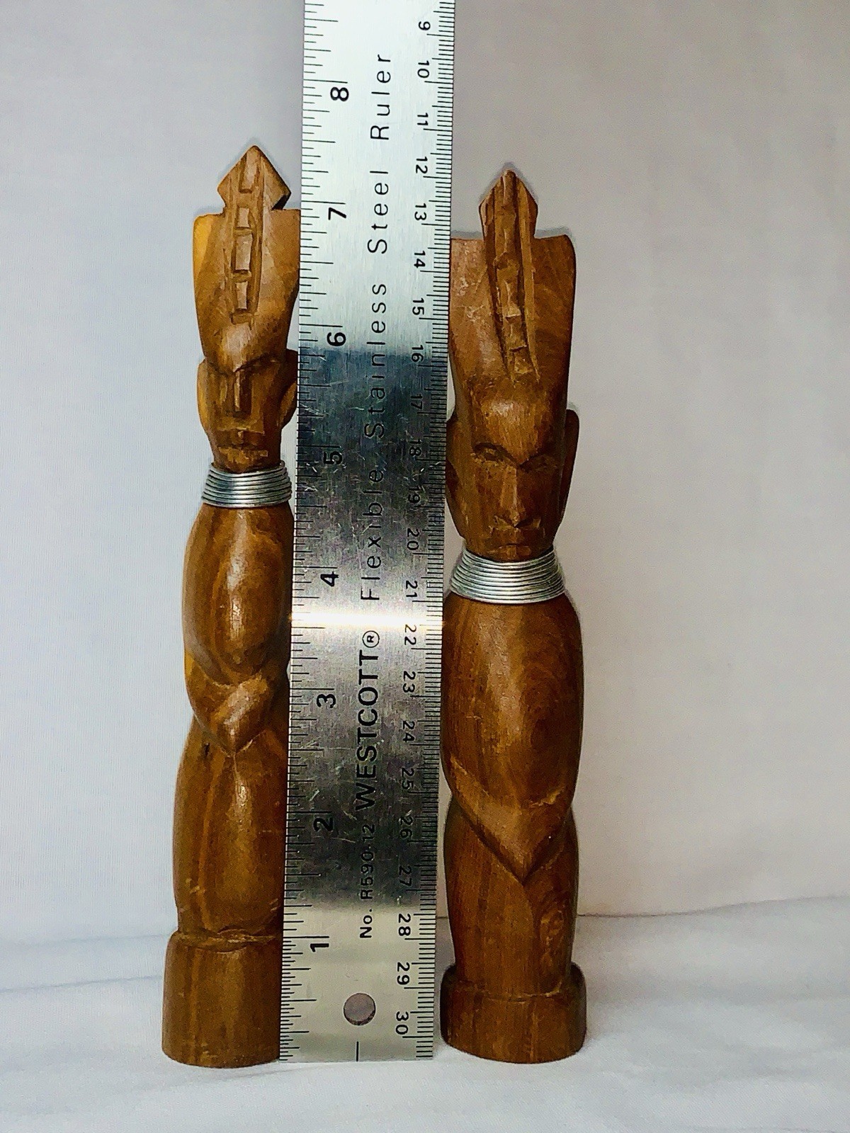 Vtg MCM African Hand Carved Teak Wood Tribal Figurine Statue Pair 7.5" Kenya