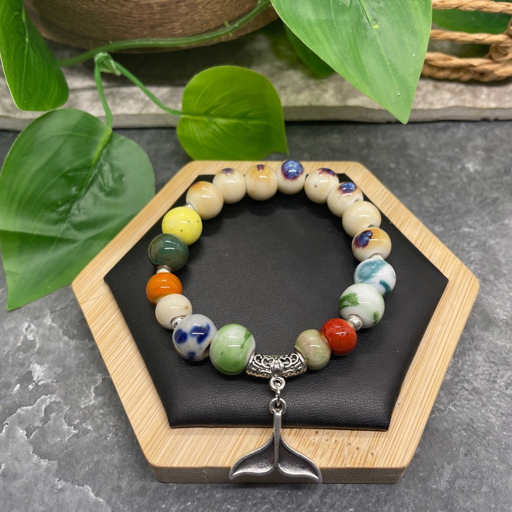 Handmade Ceramic Bead Beaded Stackable 6.5” Plus Stretch Bracelet New B491