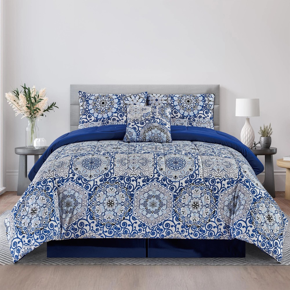 LUX Décor Reversible 5pc Comforter Set, Printed Bedding Set, Microfiber Bed in a