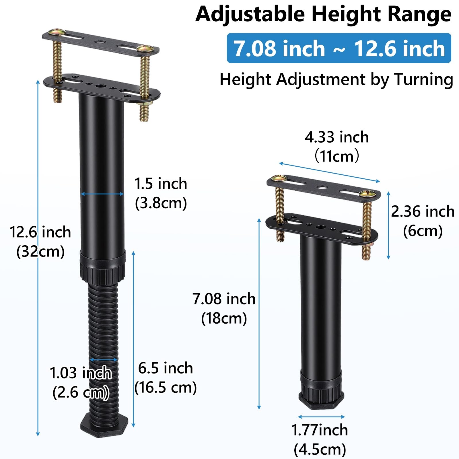 Caeuiciw 4 Pcs Adjustable Height Bed Support Legs 7.08-12.6 inch Black