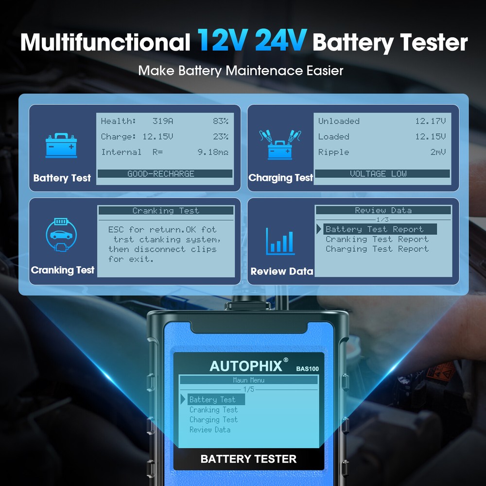 AUTOPHIX BAS100 2000CCA 12V 24V Car Battery Load Tester Charging System Analyzer