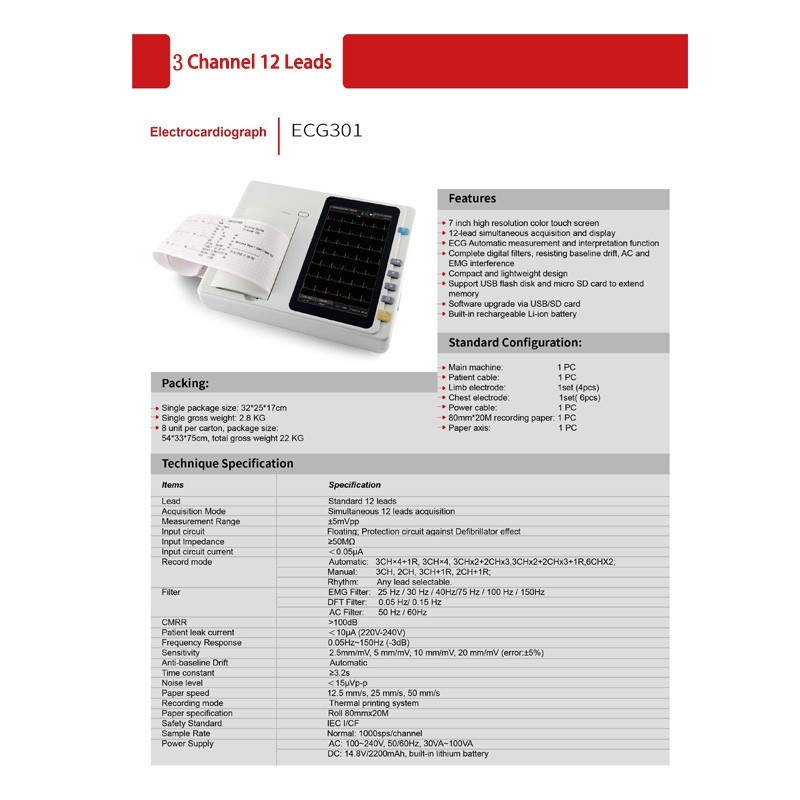 12-Lead 3-Channel Portable ECG Machine with 7" Touch Screen