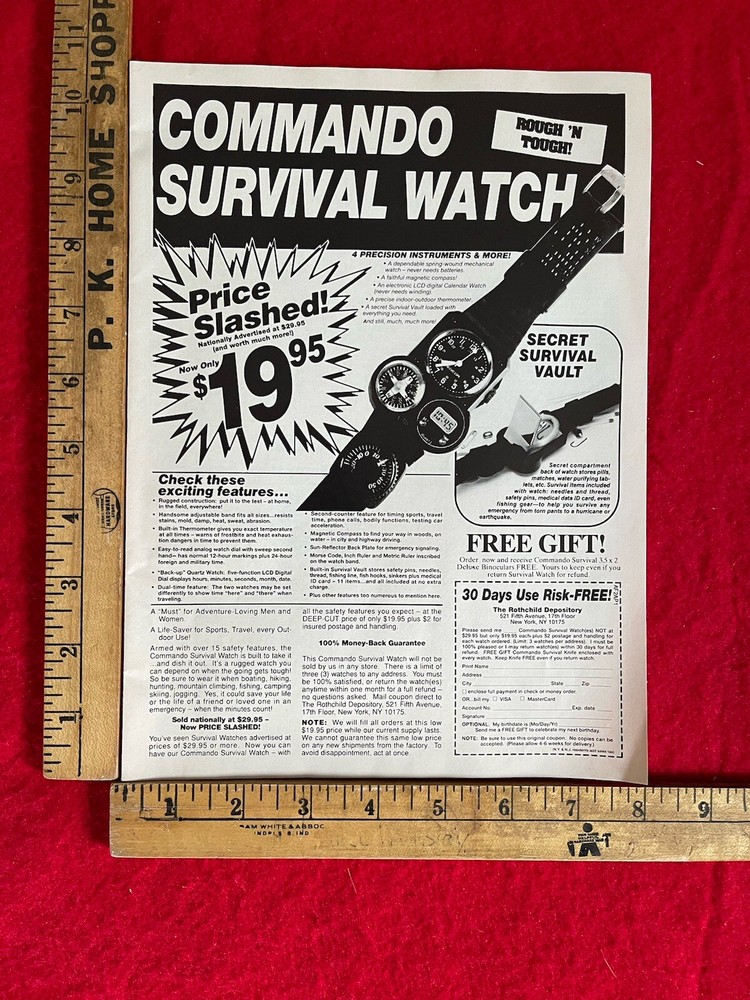 Vintage 1990 Print Ad Commando Survival Watch Advertisement