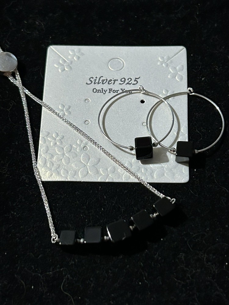 Black Square Cut Onyx 925 Silver Hoop Dangle Earring & Adjustable Bracelet Set
