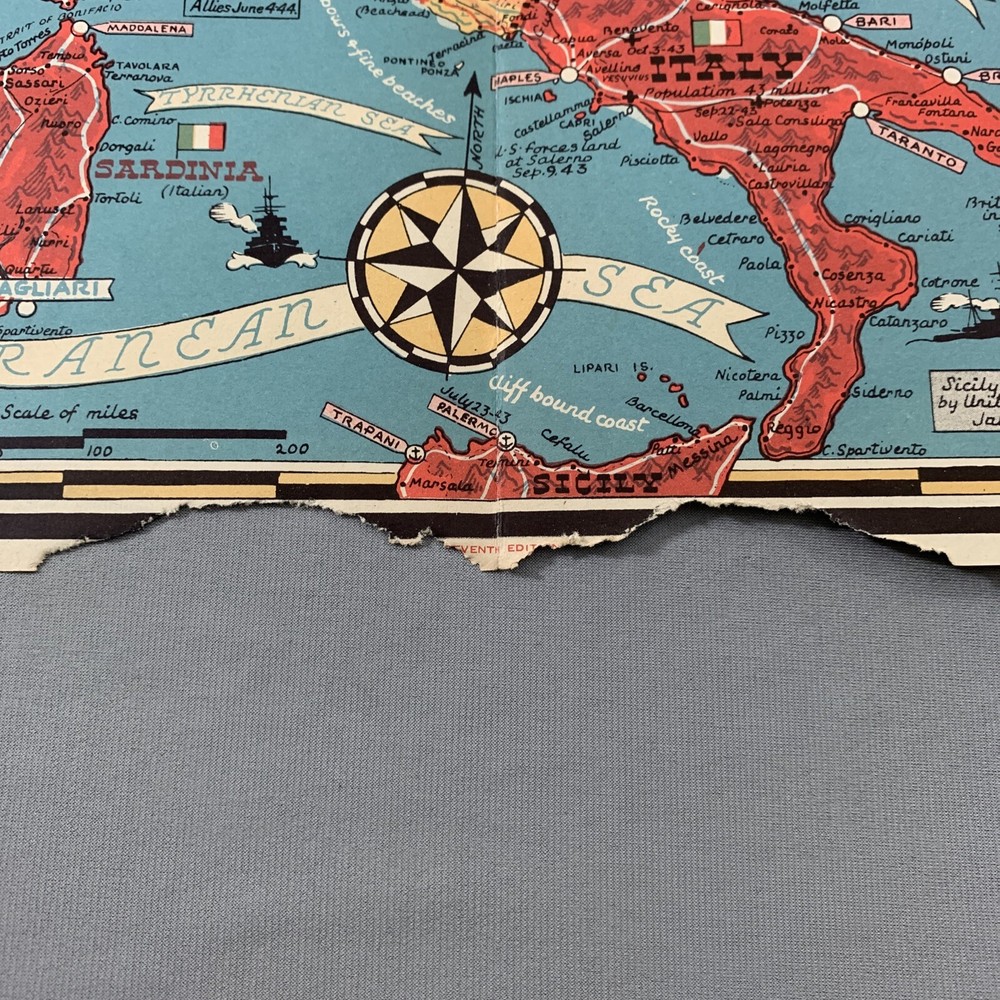 Vtg WWII War Map Invasion Dated Events