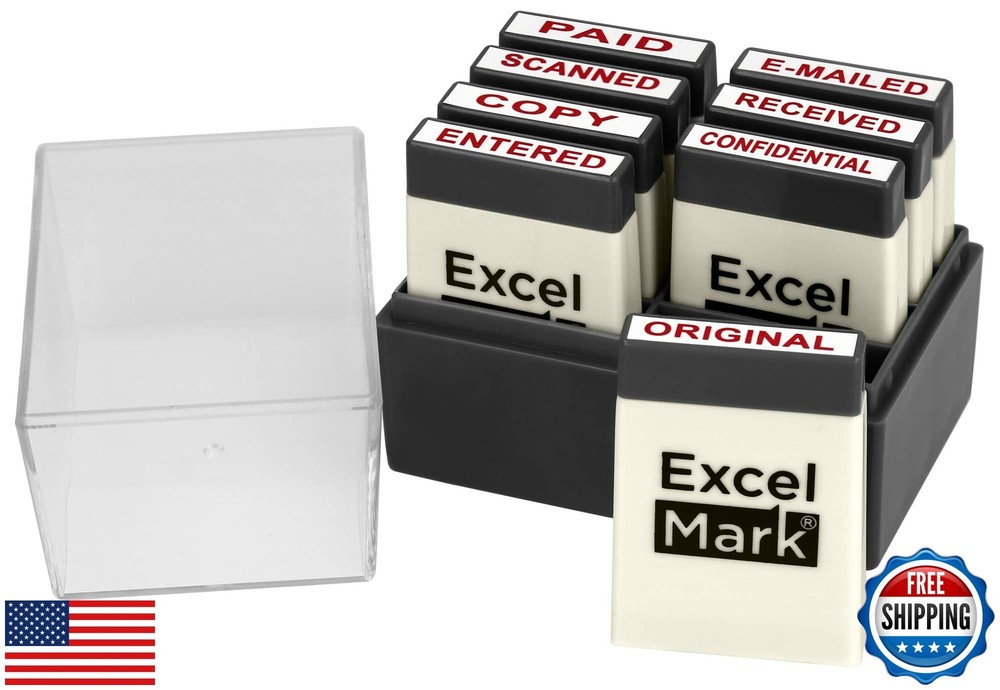ExcelMark Mini Office Message Rubber Stamp Set - Red Ink - Storage Tray Inclu