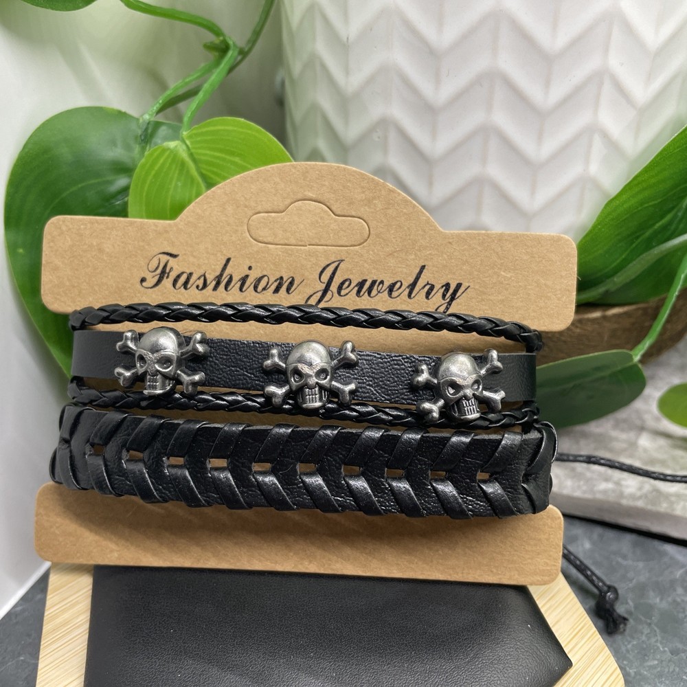 2 PC Leather Bracelet Set Stackable Adjustable Tie New Free Ship B7502
