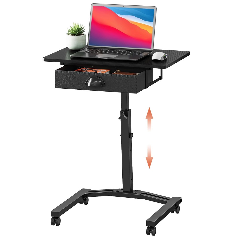 Rolling Adjustable Height Computer Desk With Drawers, Small Mobile Laptop Des...