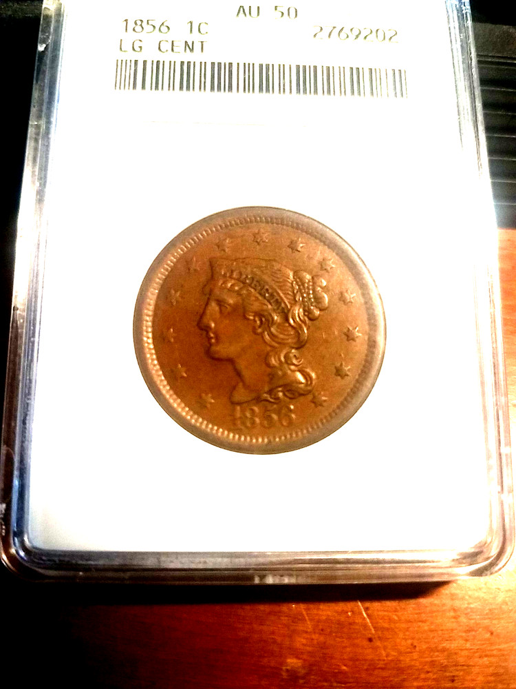 1856 Large Cent,slanted 5,ANACS certified,AU50