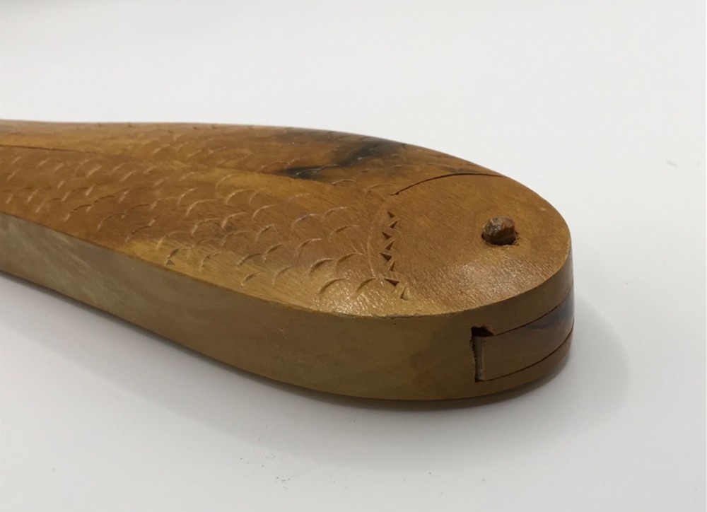 VTG Hand Carved Solid Wood Fish Shape Double Nut Cracker 8" Decorative Textured