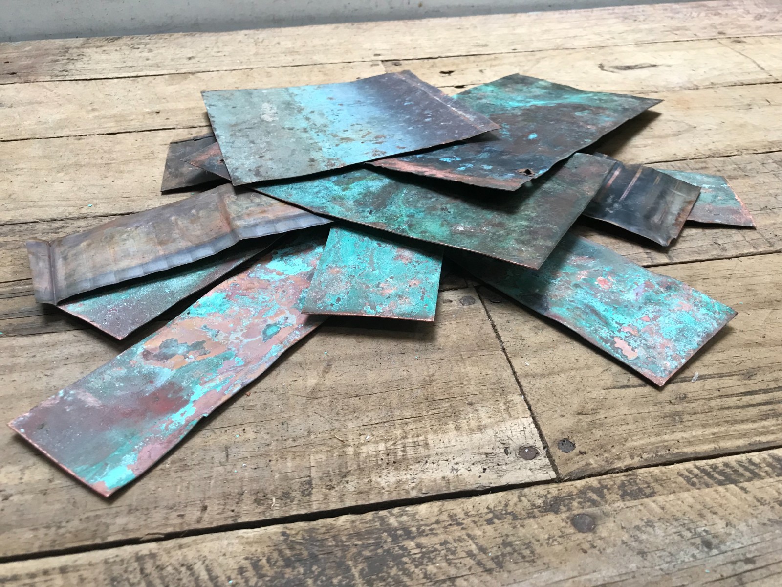 Lot 12 Sheet Copper Pieces Coppersmith scrap Natural Patina Colors Verdigris
