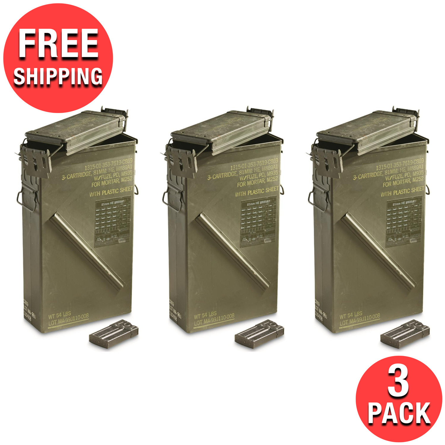 (3-Pack) PA156 81mm Mortar Ammo Can Surplus U.S Military Storage Metal Latch