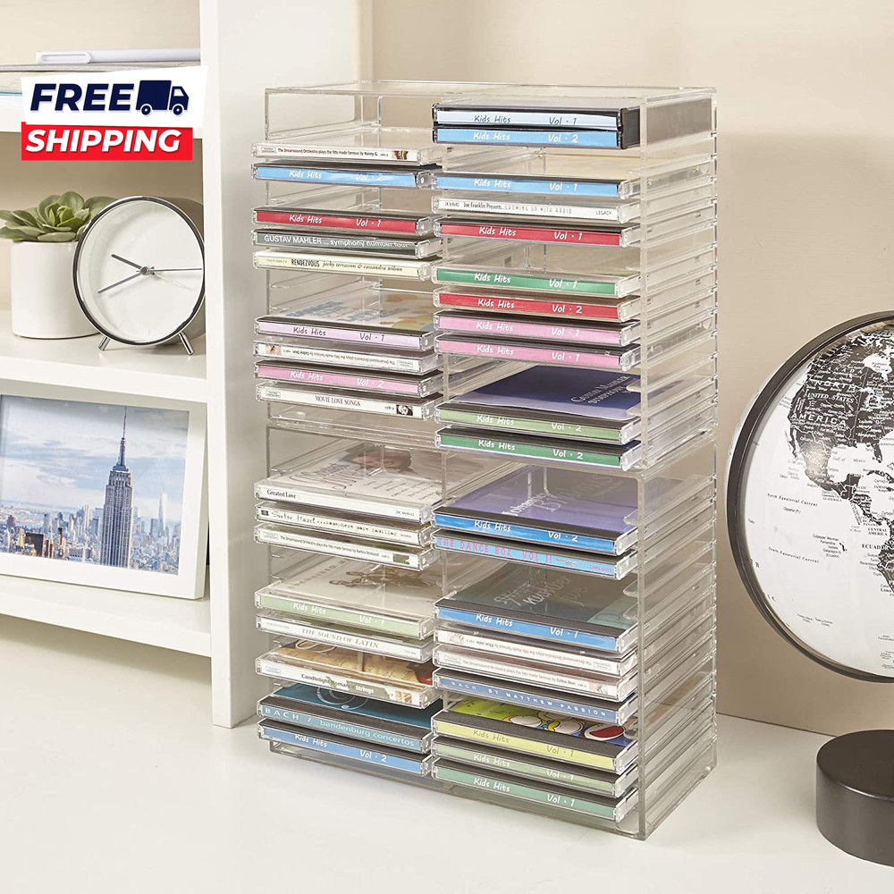 Stackable Clear Plastic CD Organizer with Rubber Feet Rectangular Jewel Made in
