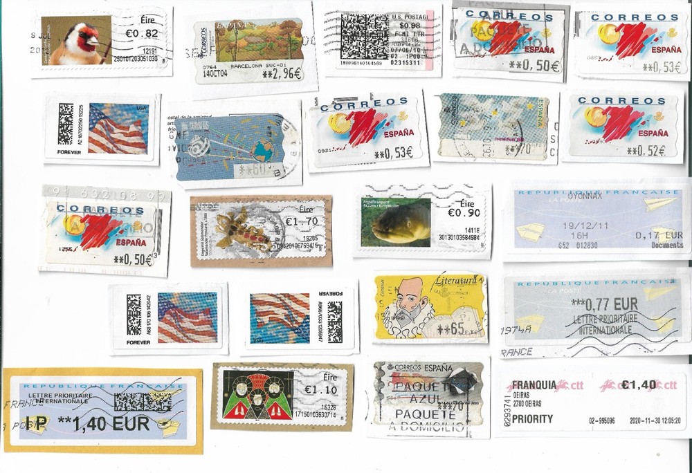 Worldwide postage labels including ATM types Stamps x 28