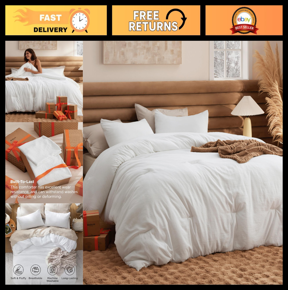 Cozy King Comforter Set - White Soft Prewashed Bedding, 3-Piece All-Season Set