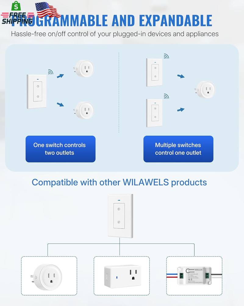 Remote Control Outlet WILAWELS Wireless Light Switch, 2 Pack Expandable and Remo