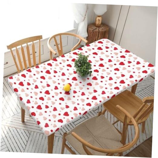 Watercolor Hearts Tablecloth with Elastic Edge for 5ft Rectangle Table, Table