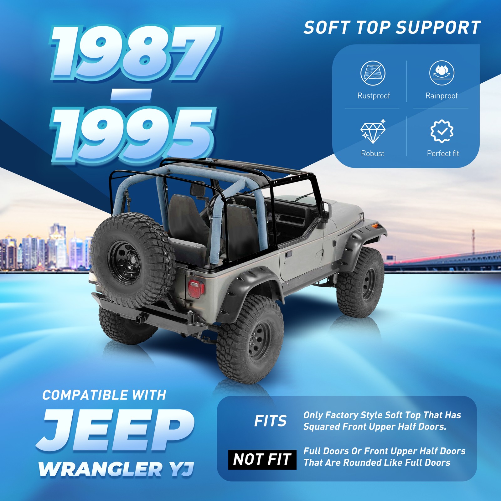 Complete Soft Top Hardware Frame Bow Kit For 1987-1995 Jeep Wrangler YJ