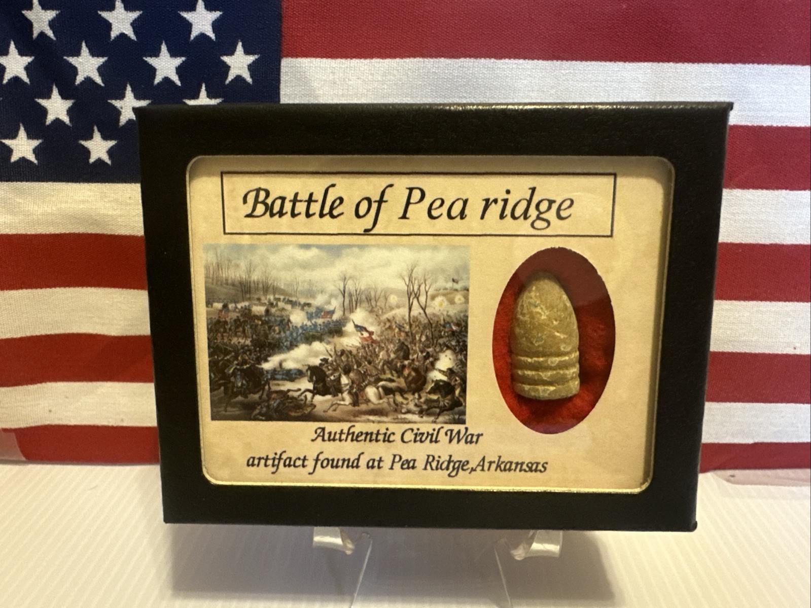 Civil War Bullet from The Battle of Pea Ridge with Display Case,Color! with COA