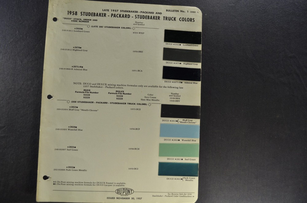 1958 Studebaker Packard Paint Chips Sheets Hawk President Commander Truck 58