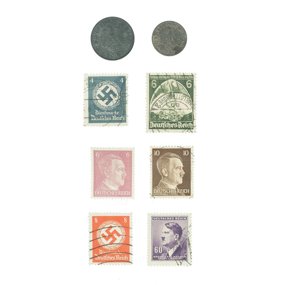 8 diff. WW2 Germany 2 Coins and 6 Stamps