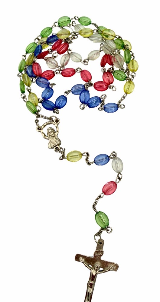 VTG Rosary Multi-color Lucite bead crucifix Mary silver tone