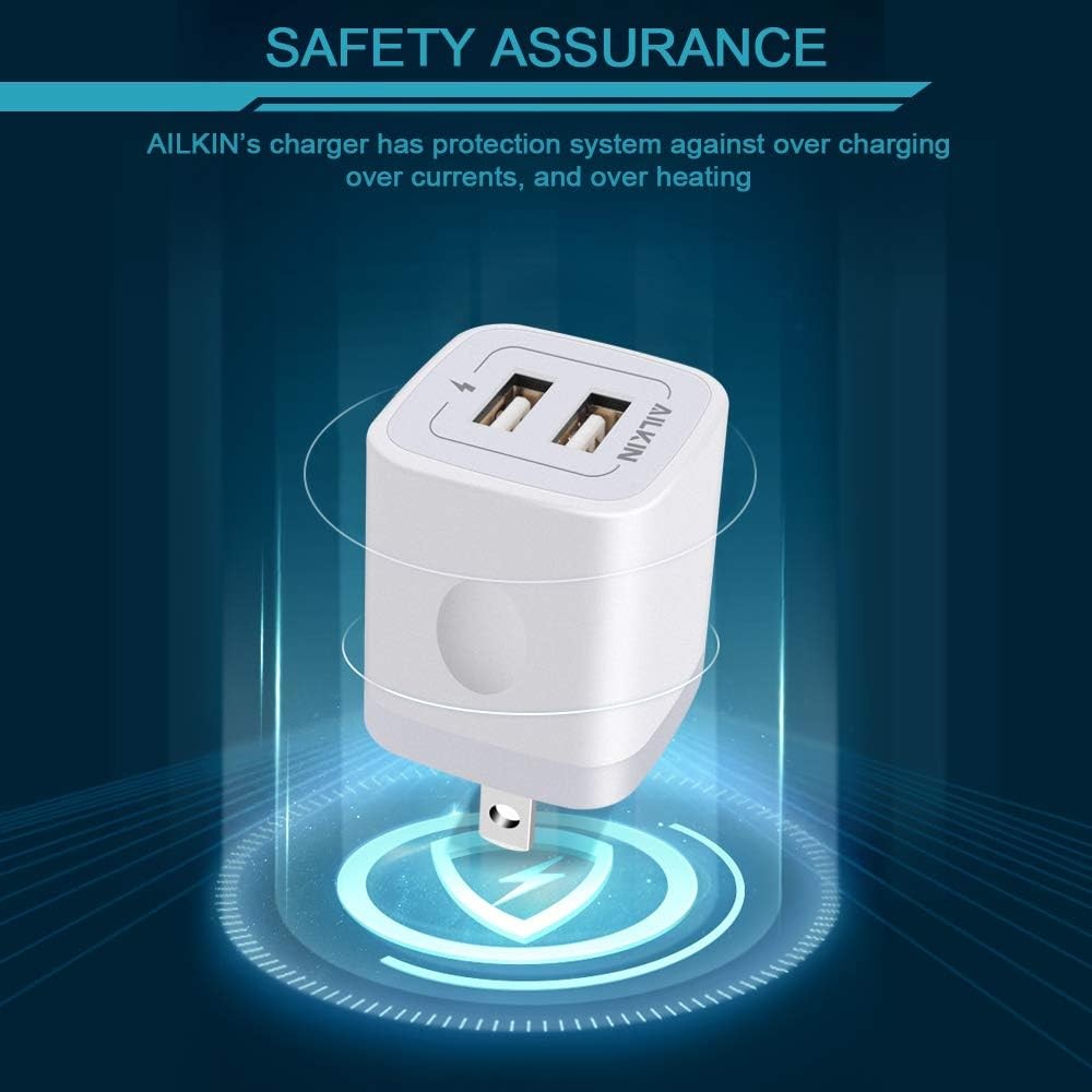 3 Pack 5V/2.1A 2-Port USB Wall Charger for iPhone, Samsung, Google Pixel