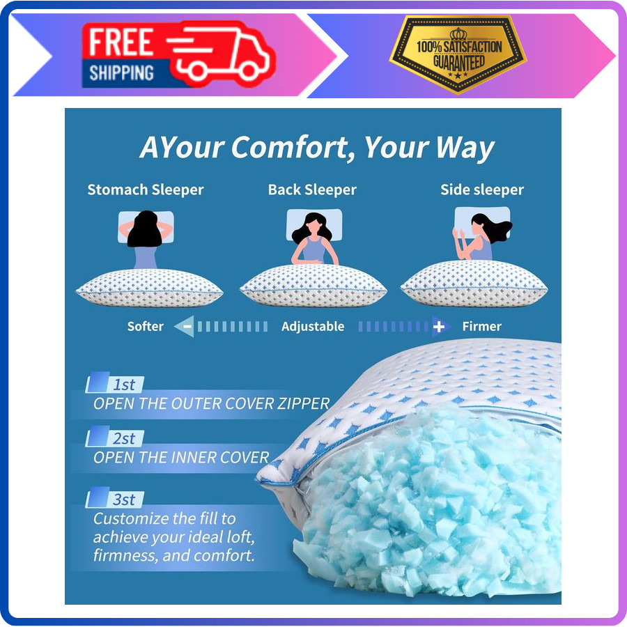 Memory Foam Pillows 2 Pack – Adjustable Loft Cooling Pillows King Size Set of 2