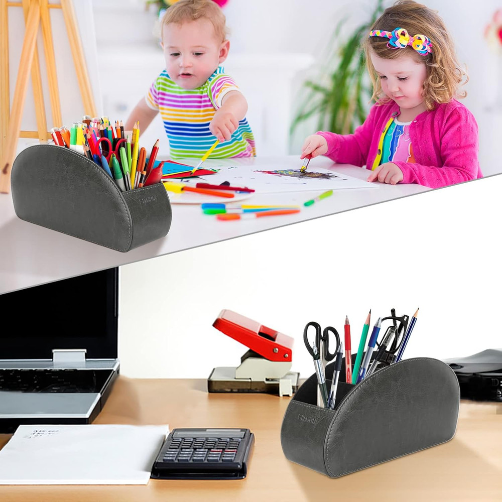 Remote Control Holder with 5 Compartments - PU Leather Remote Caddy Desktop Orga