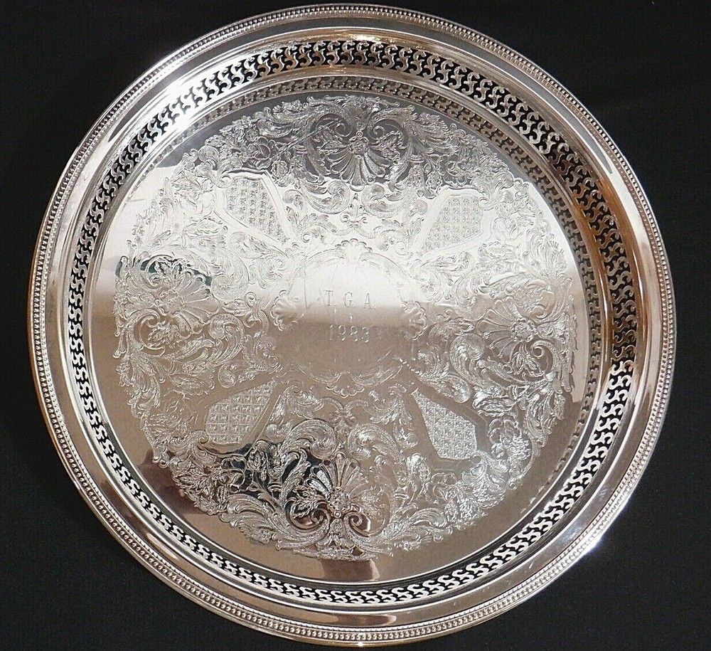 Silverplate Oneida USA Tray with Scroll Etching Raised Rim Pierced Design 13"