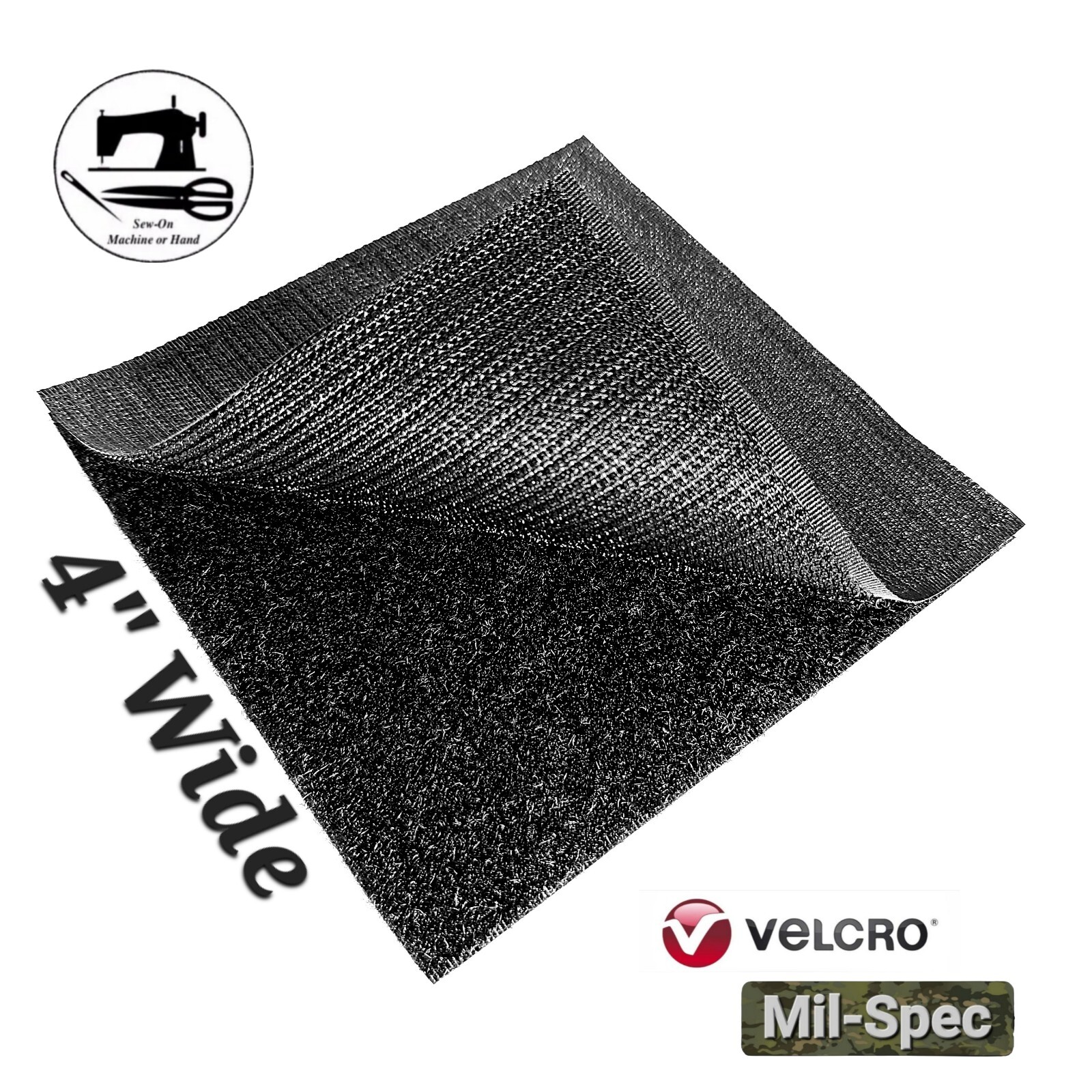 4" Wide x 4" (Inch) VELCRO® Brand Mil-Spec Sew-On Strip  (Hook & Loop) - Black