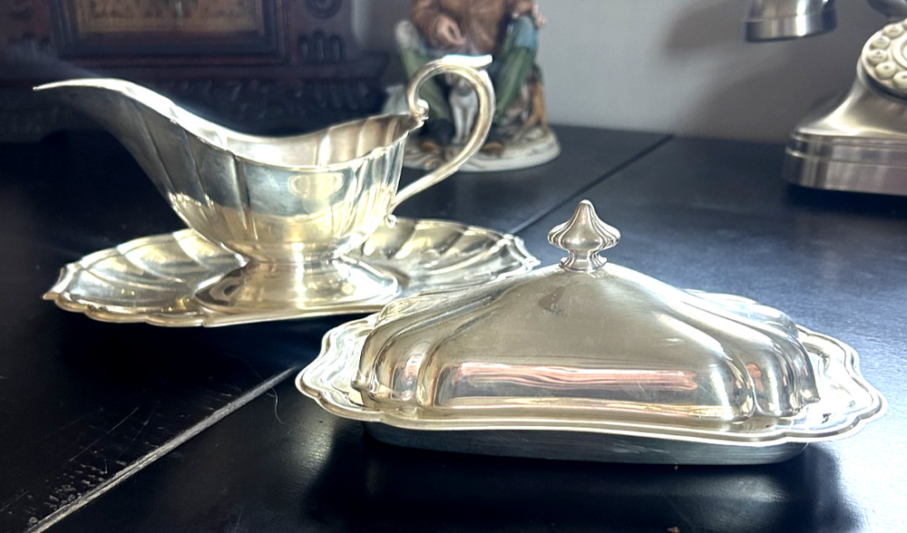 Gorham Heritage Silver-Plated Butter Dish w/Insert and Gravy Bowl w/Plate
